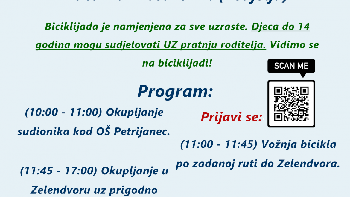 Biciklijada udruge “Mladi u Petrijancu” u nedjelju 12.06.2022.g. od 10:00 sati. Prijavite se na linku!